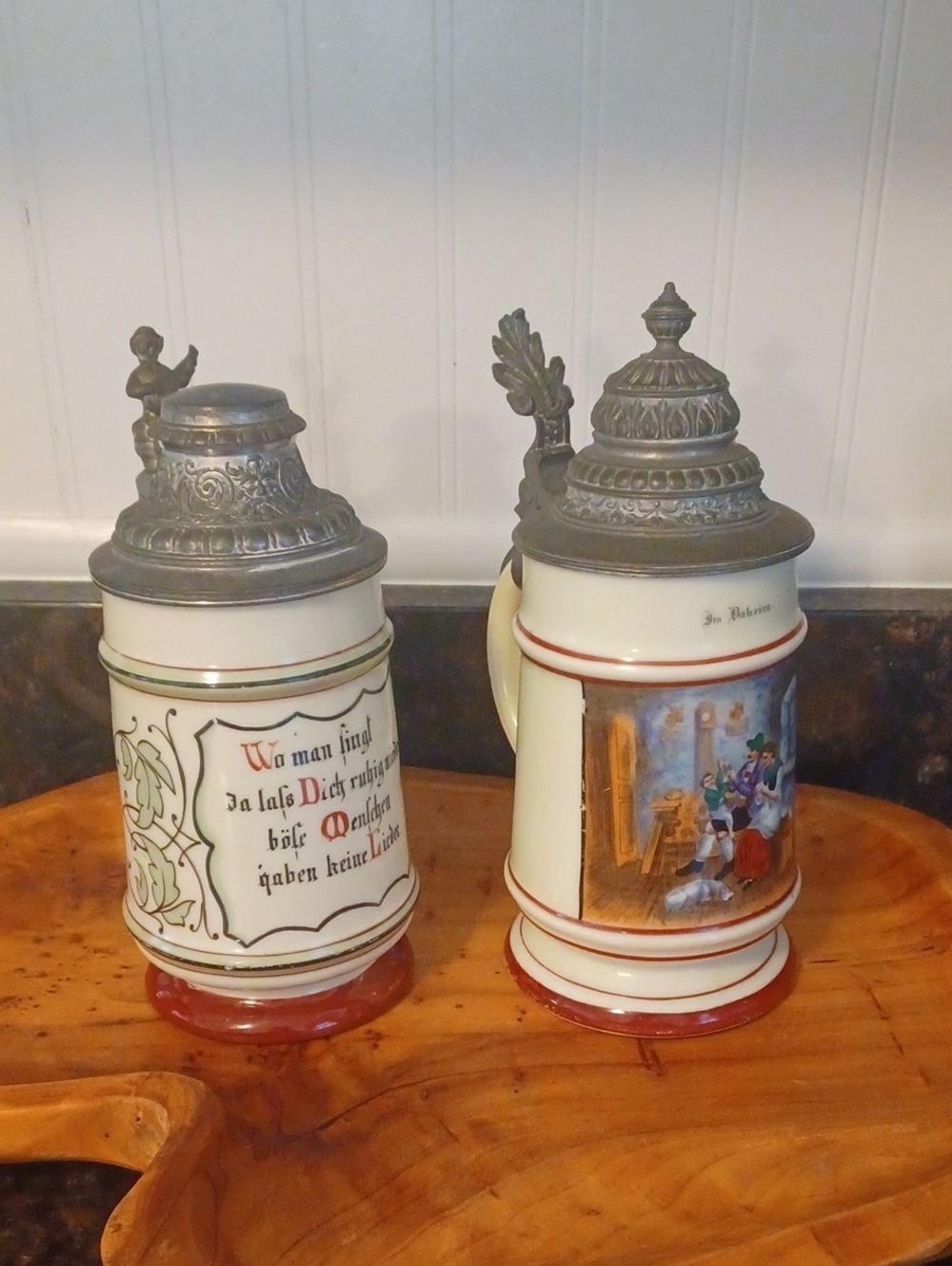 Antique GERMAN PORCELAIN LITHOPHANE BEER STEINS - MATCHING PAIR C.1891-1915